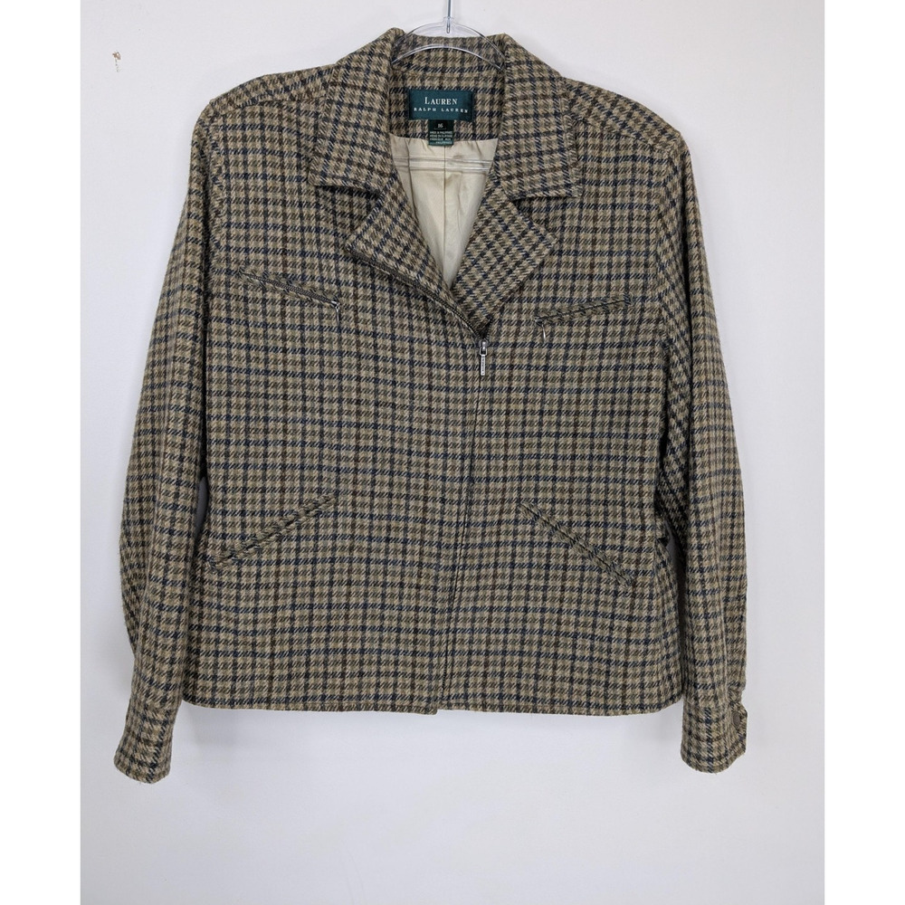 Vintage Lauren Ralph Lauren Jacket Womens 16 Brown Check Wool Tweed Zip Pockets